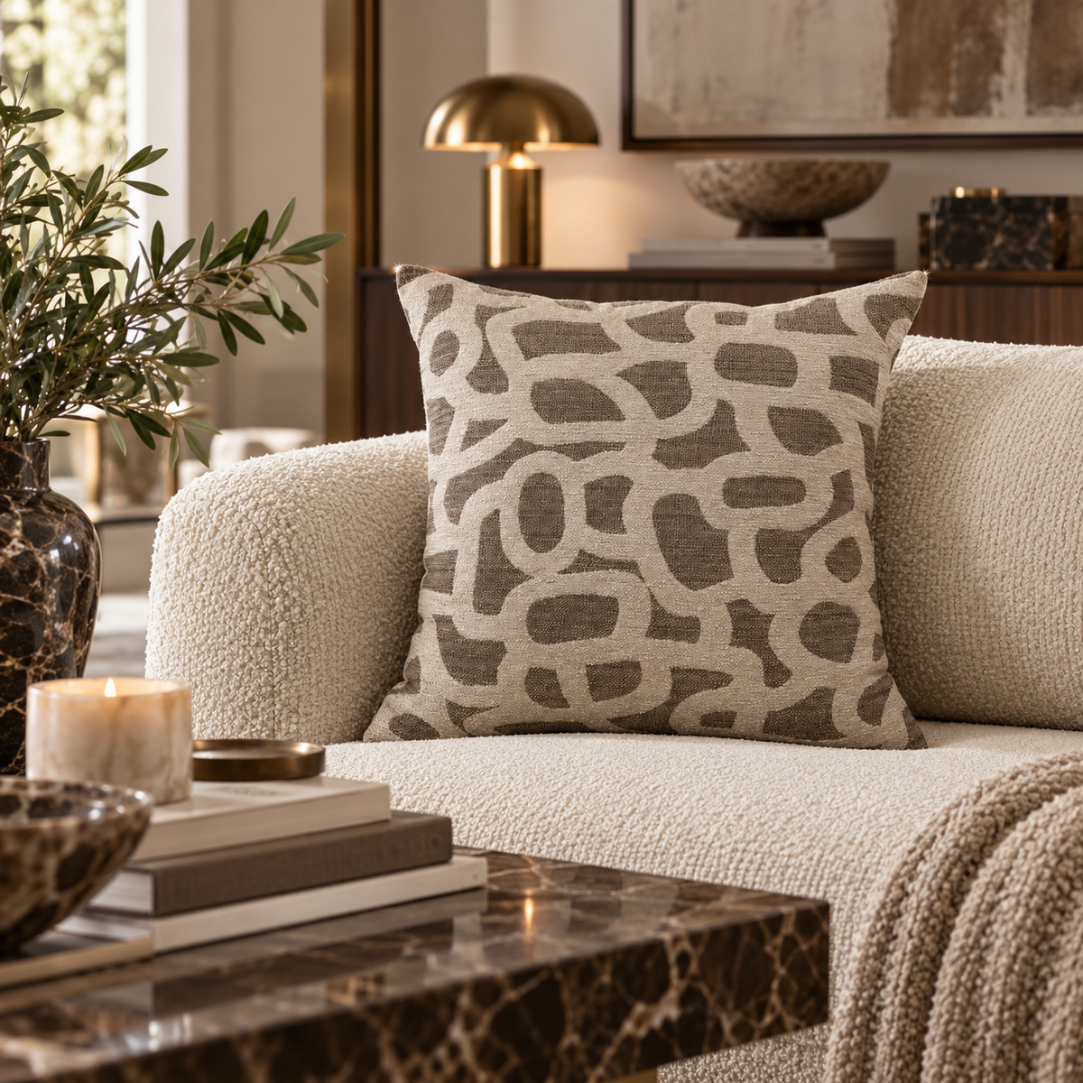 Scribble Jacquard Patterned Cushion 50x50cm - Natural Malini