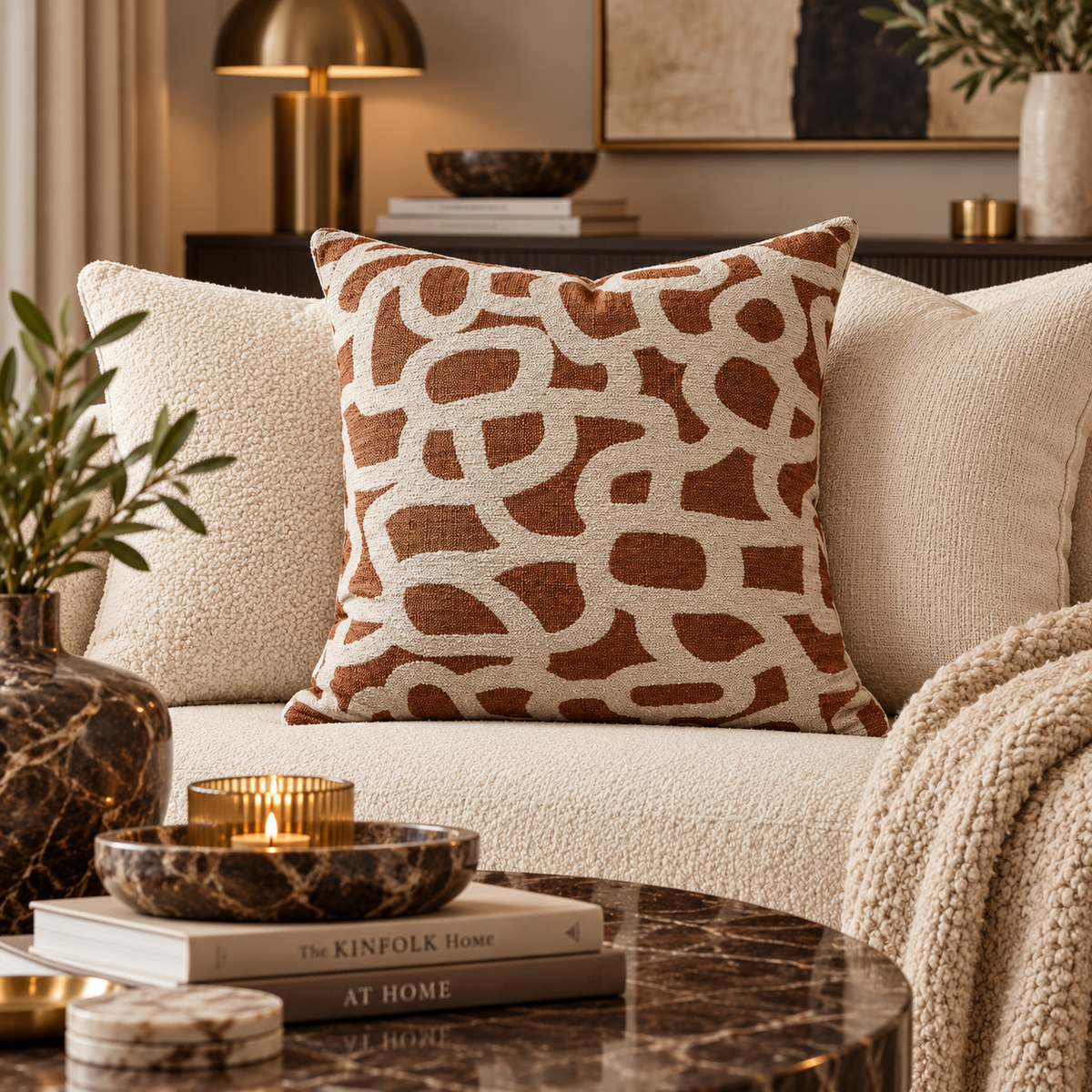 Scribble Jacquard Patterned Cushion 50x50cm - Rust Malini