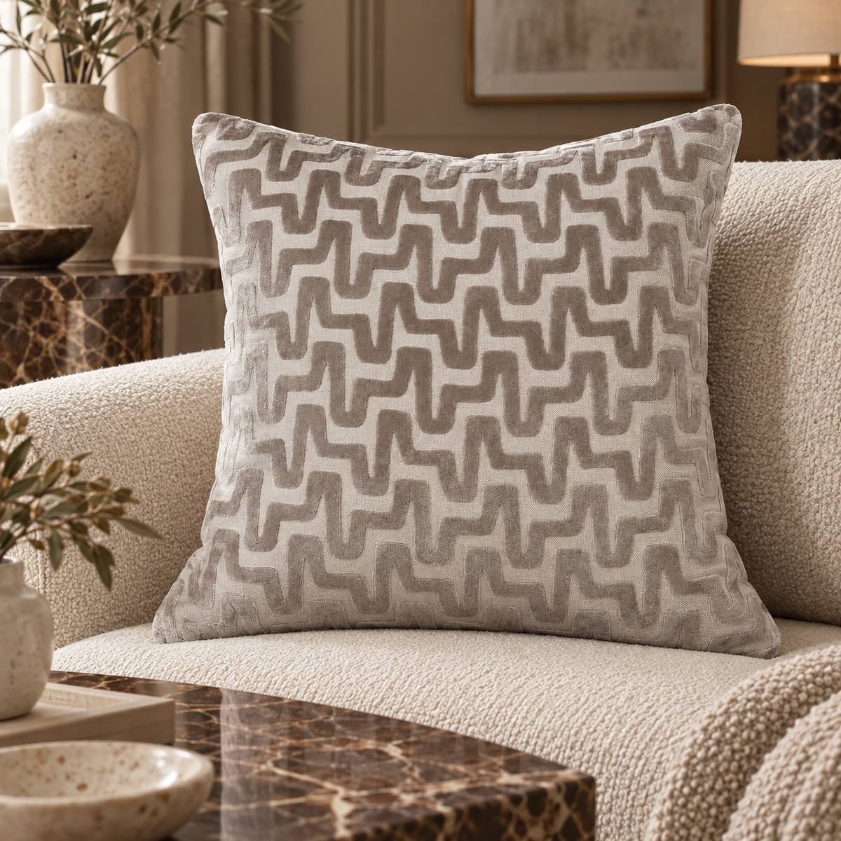 Summit Taupe Cut Velvet Cushion Malini