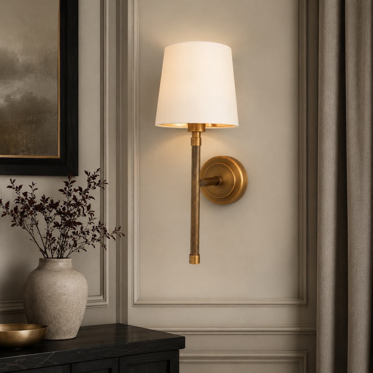 Tirso Antique Brass & Fabric Shade Wall Light by RV Astley