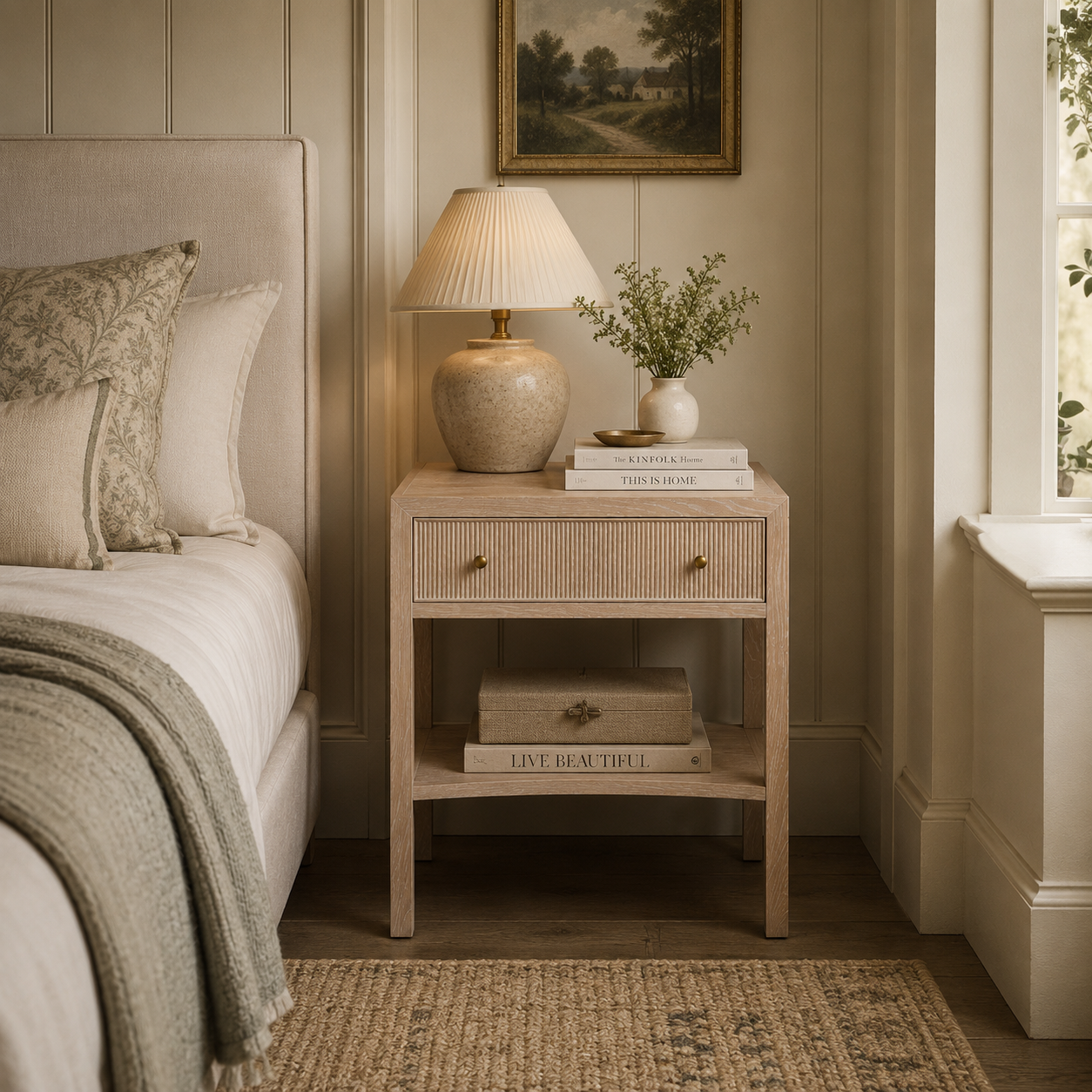 Toronto Natural White Oak & Brass Bedside Table by Liang & Eimil