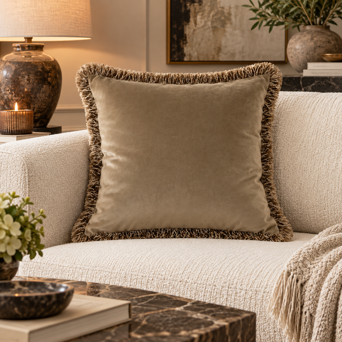 Verona Double Sided Fringe Edge Cushion 55cm - Taupe Malini