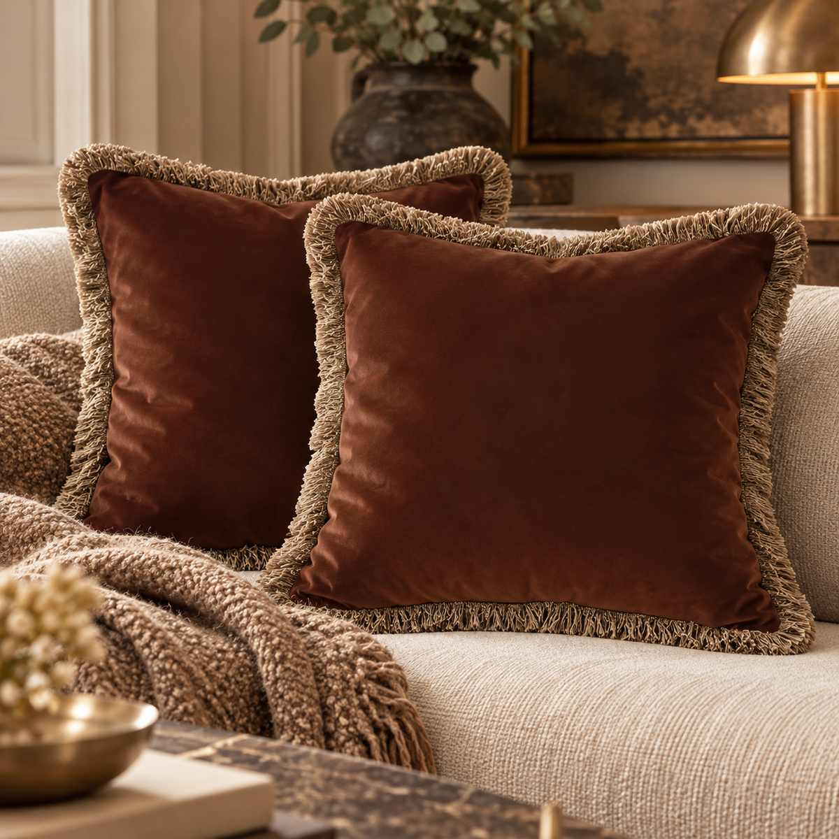 Verona Double Sided Fringe Edge Cushion 55cm - Chocolate Brown Malini