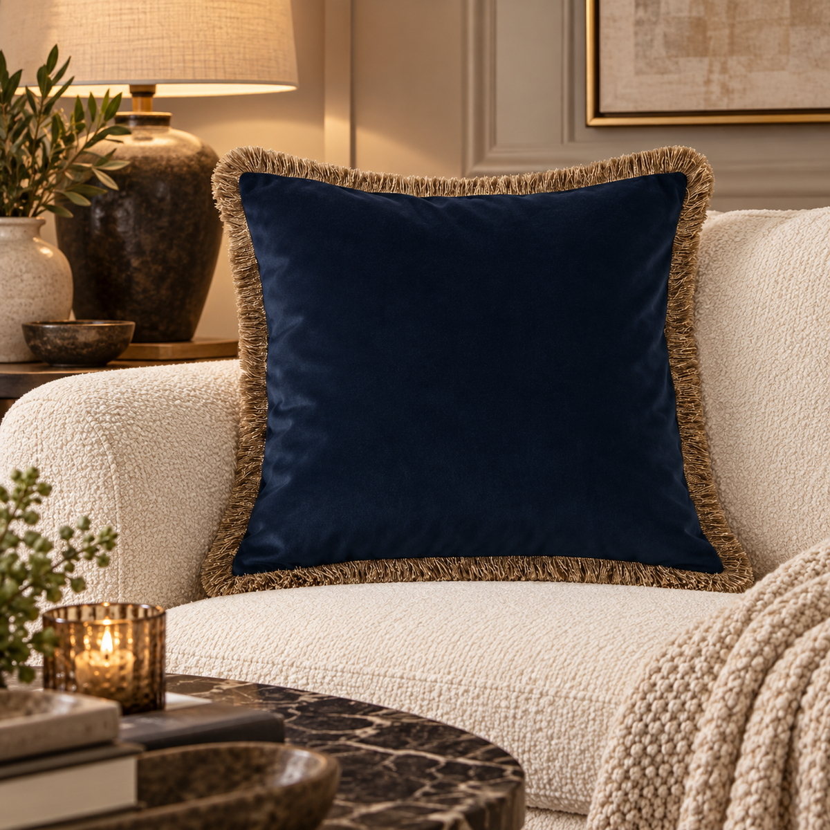 Verona Double Sided Fringe Edge Cushion 55cm - Navy Malini