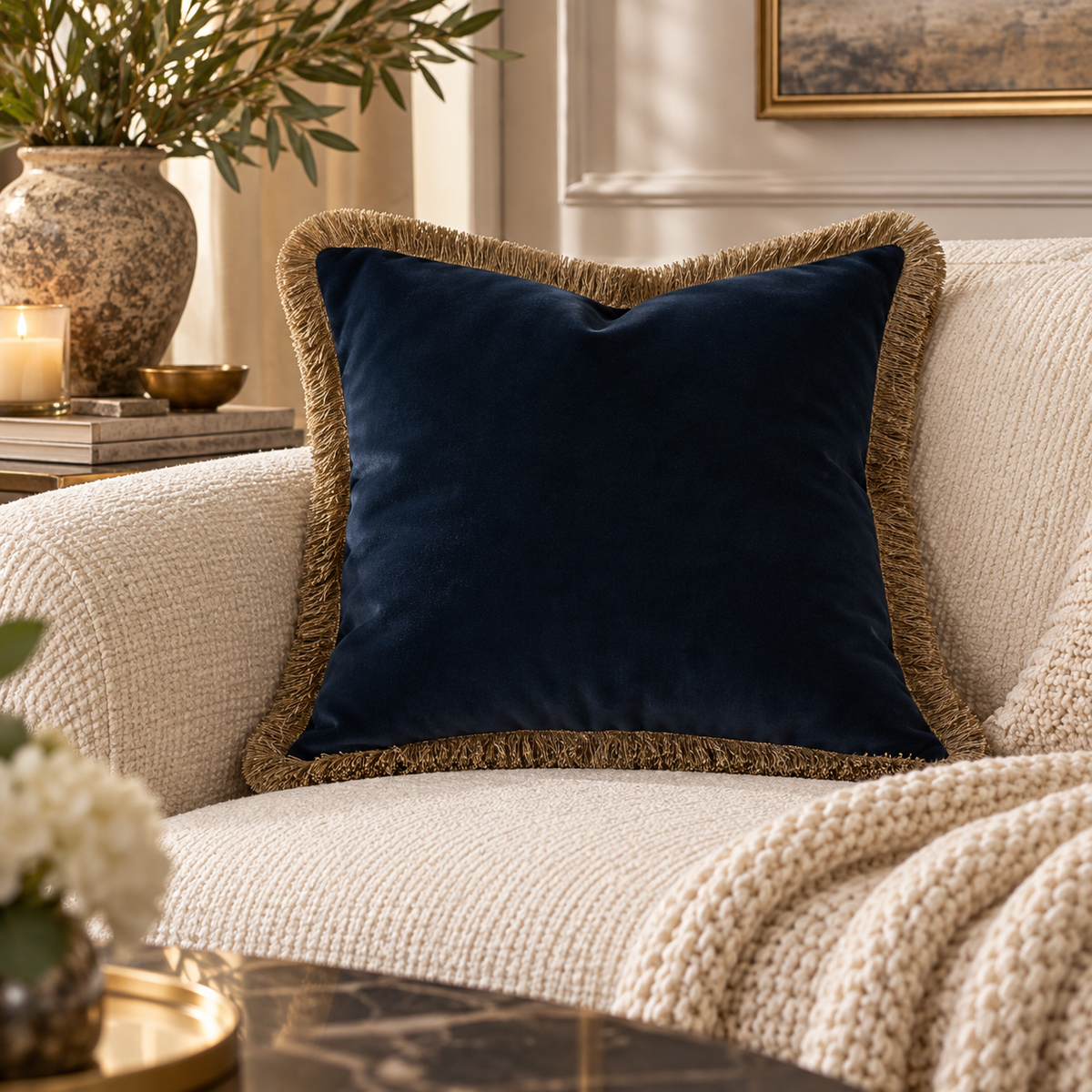 Verona Double Sided Fringe Edge Cushion 55cm - Navy Malini