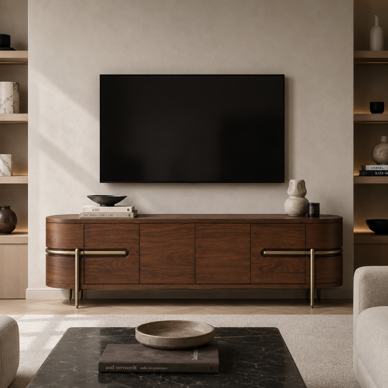 Vienna Natural Walnut Veneer & Brushed Brass Legs Media Unit by Berkeley Designs