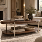 Vienna Brown Walnut Veneer Oval Coffee Table with Brushed Metal Trim Berkeley Designs