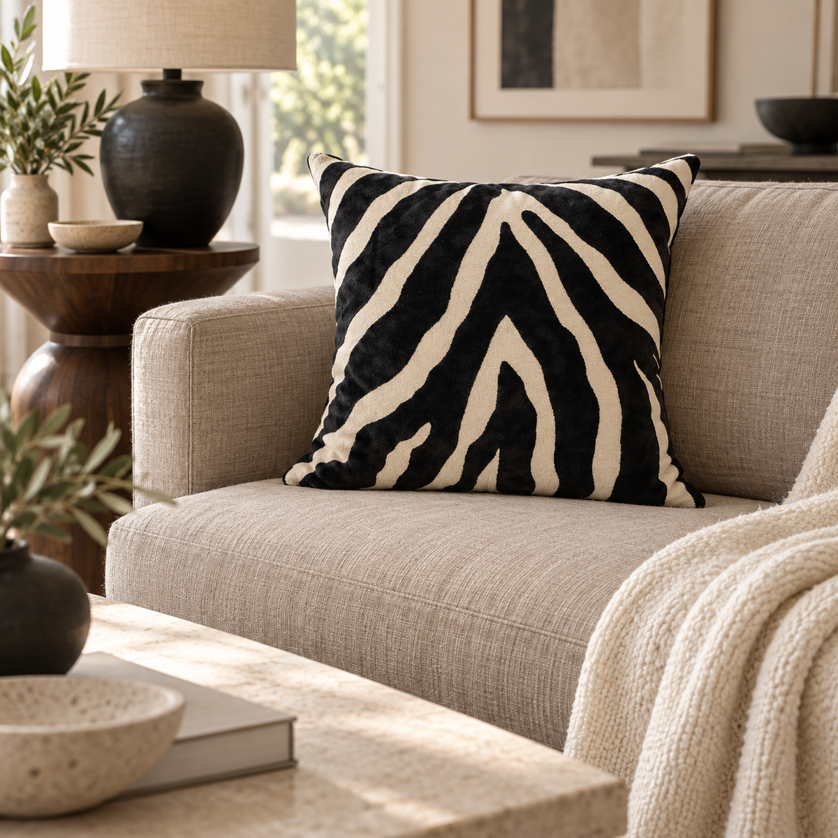 Zebedeedodah Zebra Velvet Cushion 43cm - Black Malini