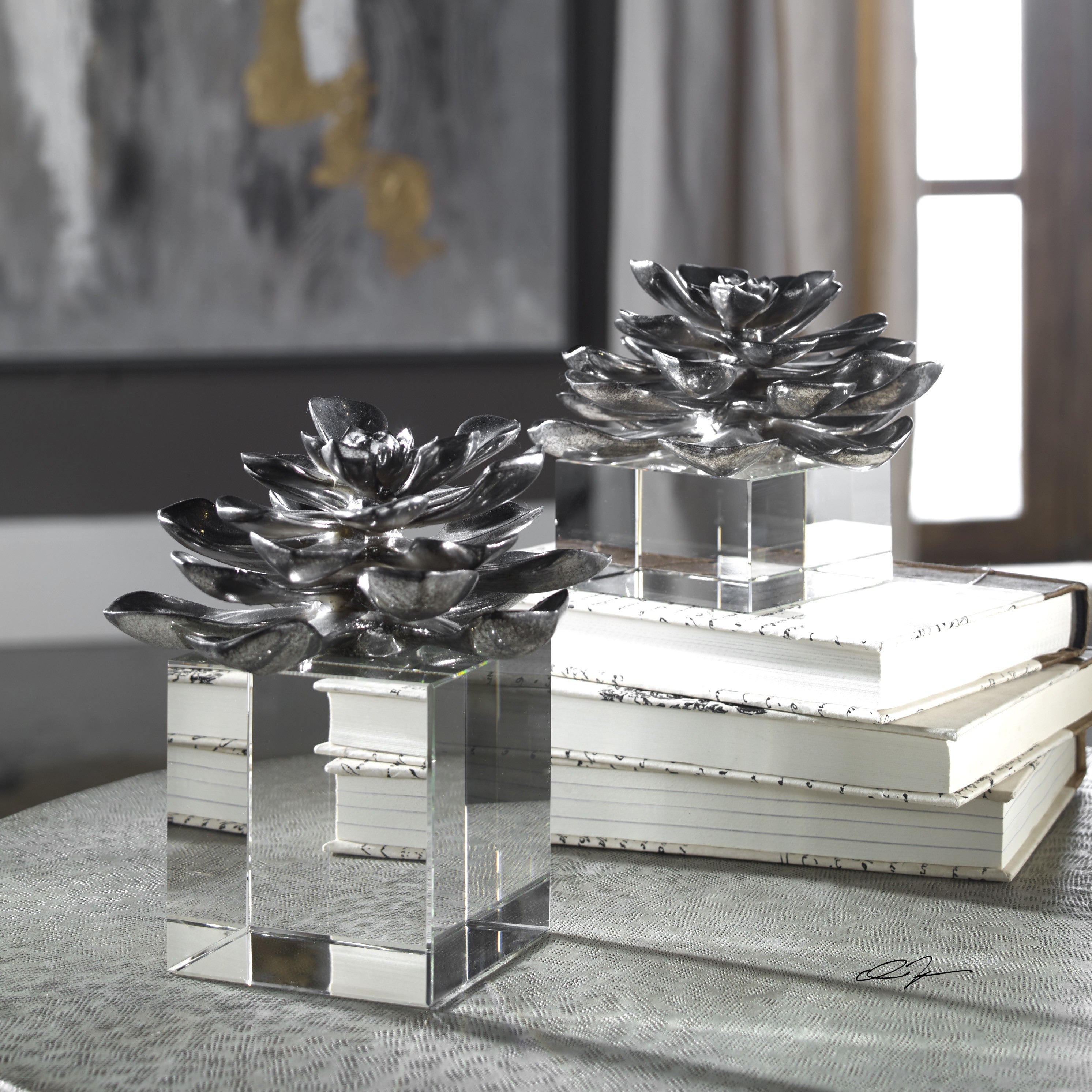 Indian Lotus Metallic Silver Flowers - Set of 2 by Uttermost