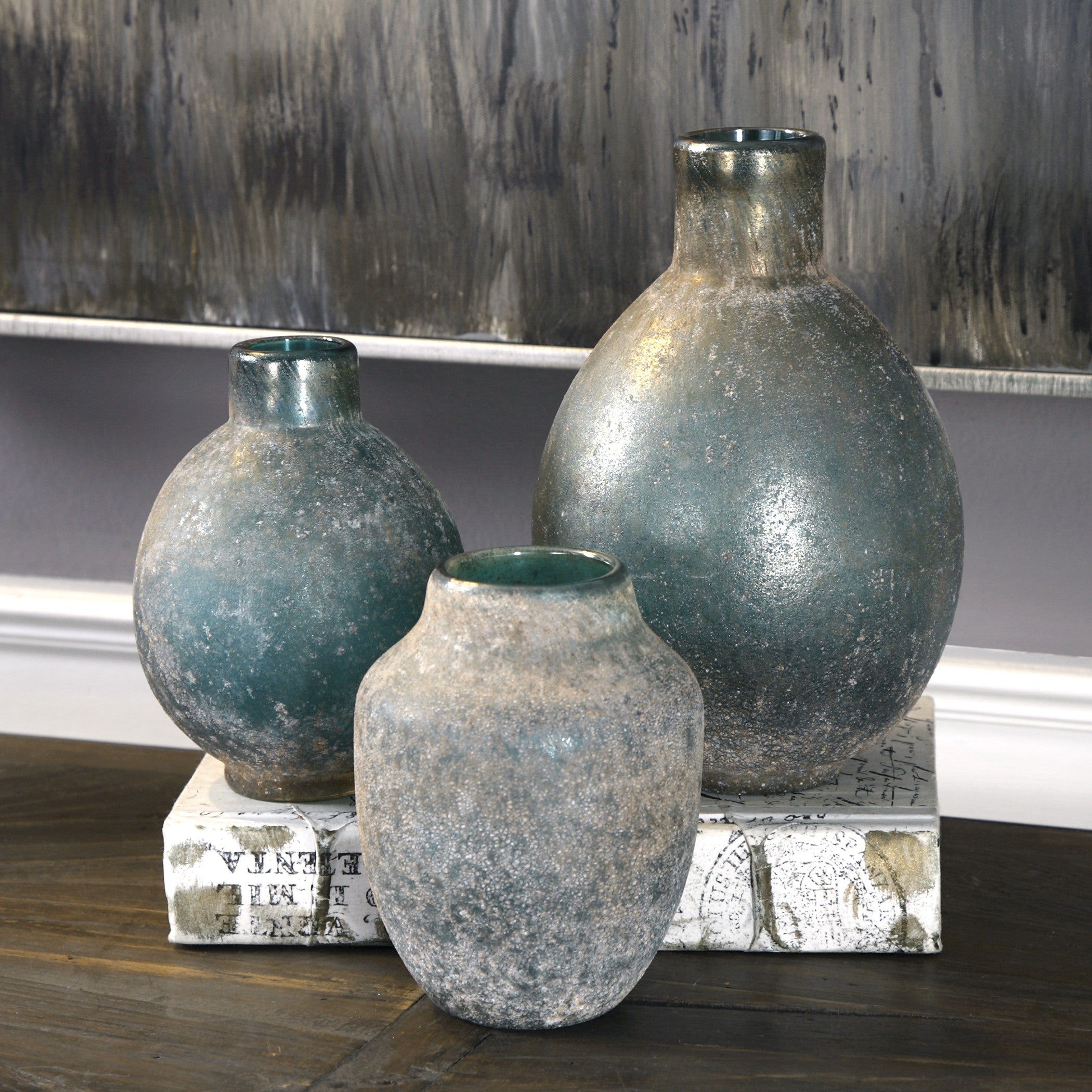 Mercede Weathered Glass Vases in Blue - Set of 3 by Uttermost