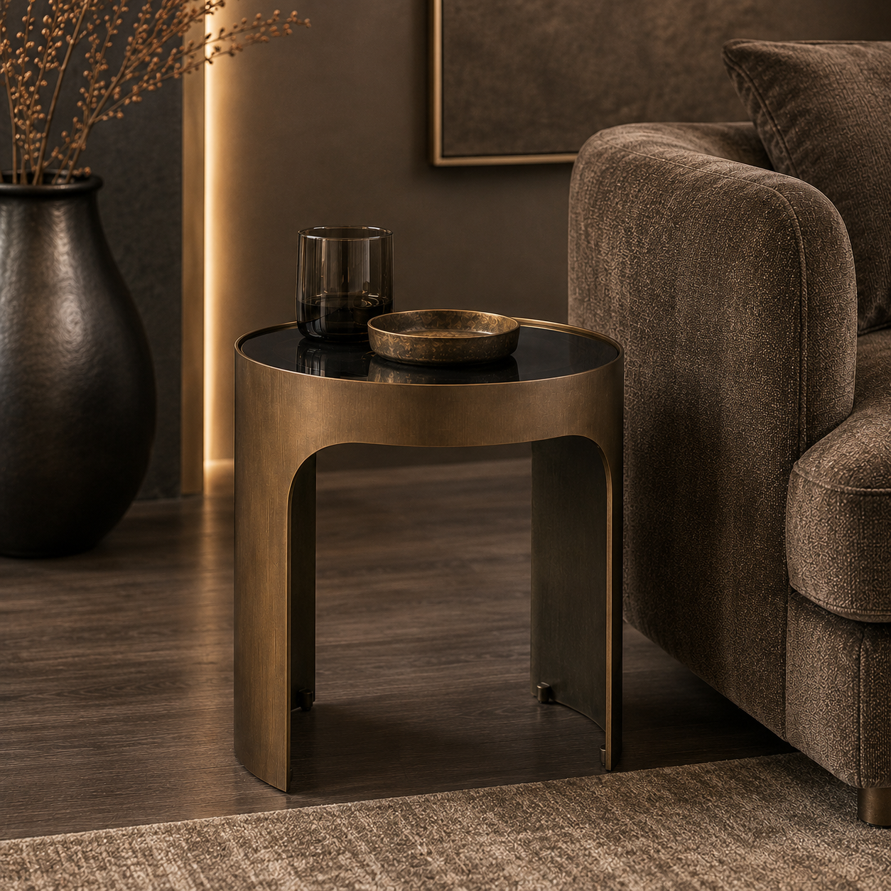 Arch Side Table Antique Bronze & Smoked Black Glass Top Liang & Eimil