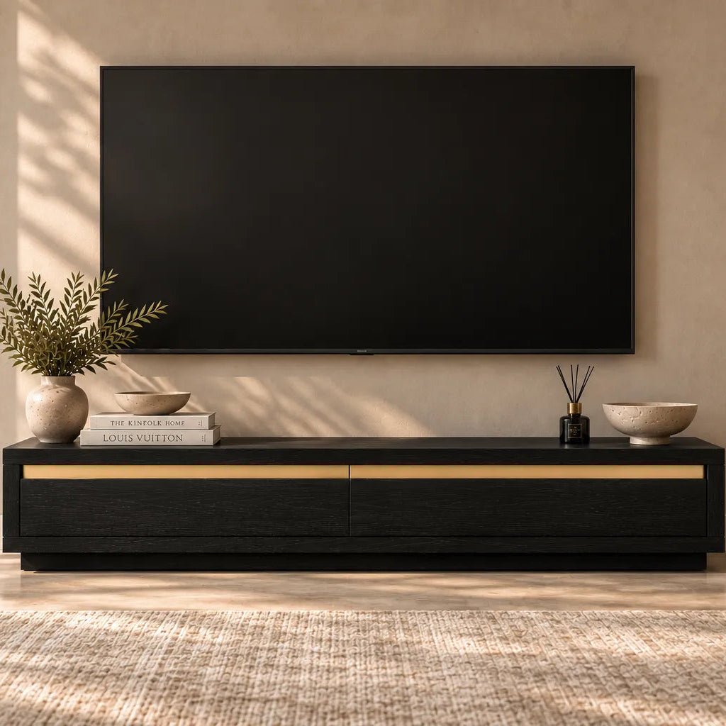 Arosa Oak Wood & Brass Inlay Media TV Cabinet Unit Berkeley Designs