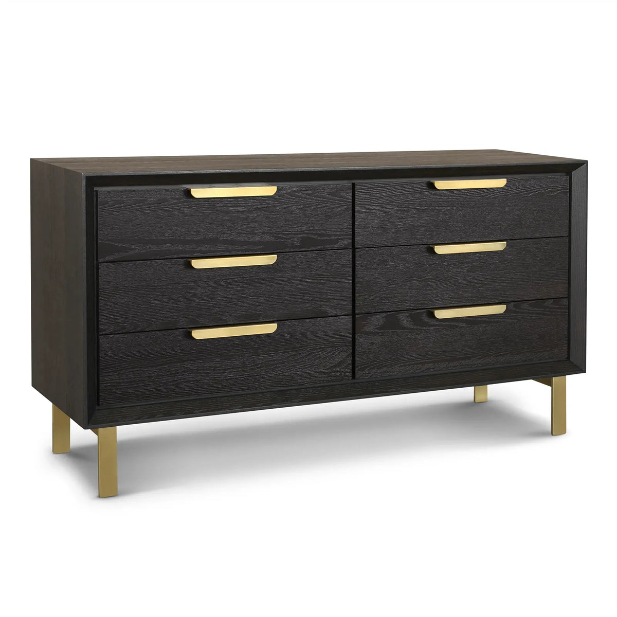 Aspen Chest of Drawers Textured Coffee Oak Wood with Gold Handles & Legs 6 Drawer Berkeley Designs