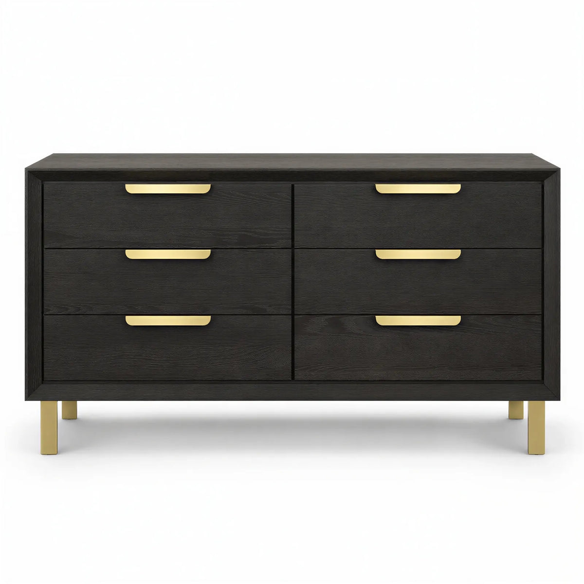 Aspen Chest of Drawers Textured Coffee Oak Wood with Gold Handles & Legs 6 Drawer Berkeley Designs