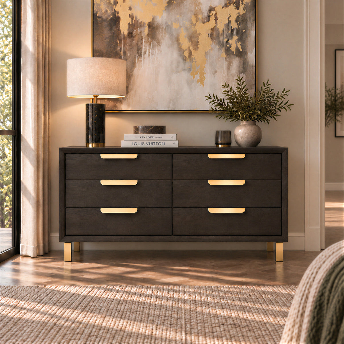 Aspen Chest of Drawers Textured Coffee Oak Wood with Gold Handles & Legs 6 Drawer Berkeley Designs
