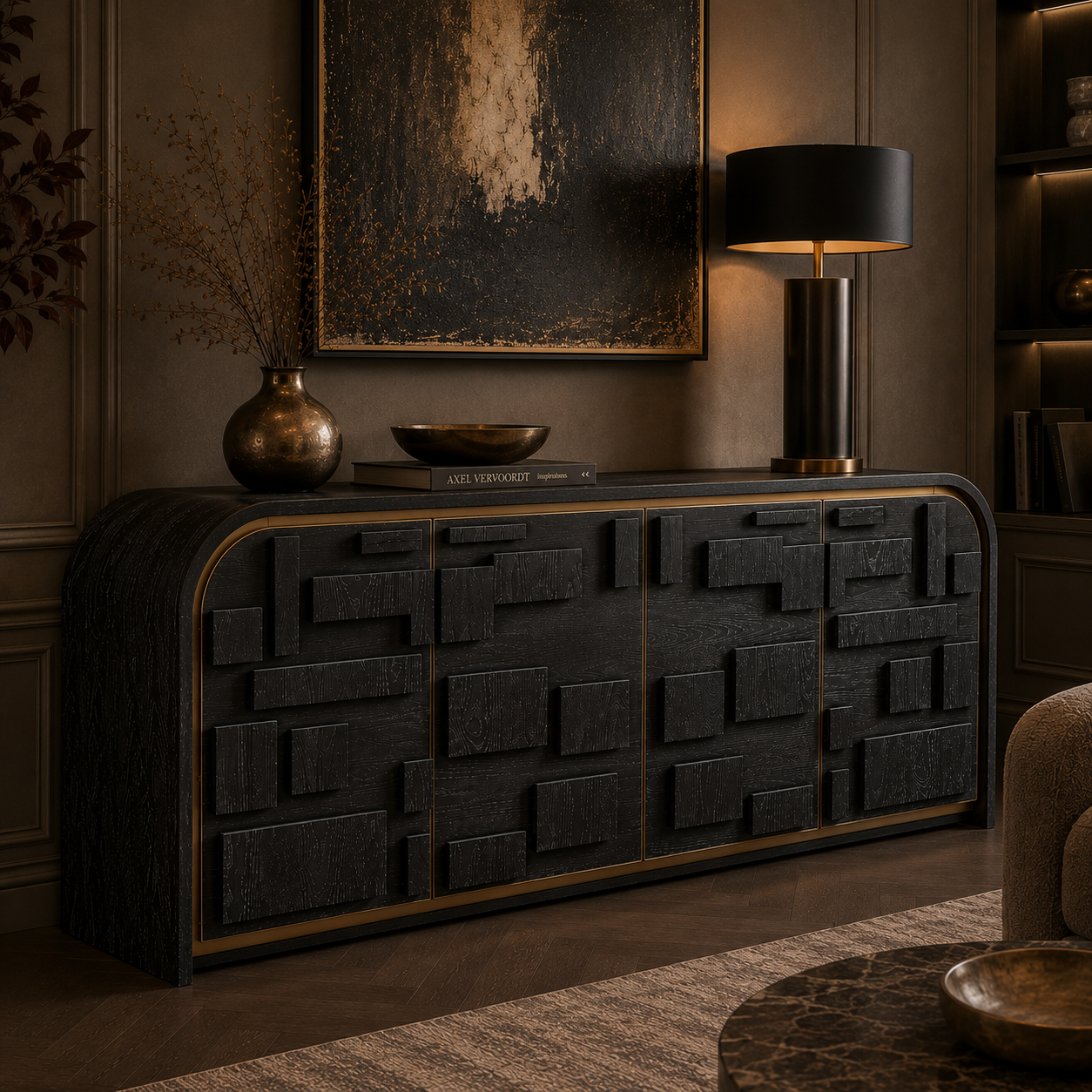 Brutalist Brushed Brass & Cerused Ash Wood Sideboard Liang & Eimil