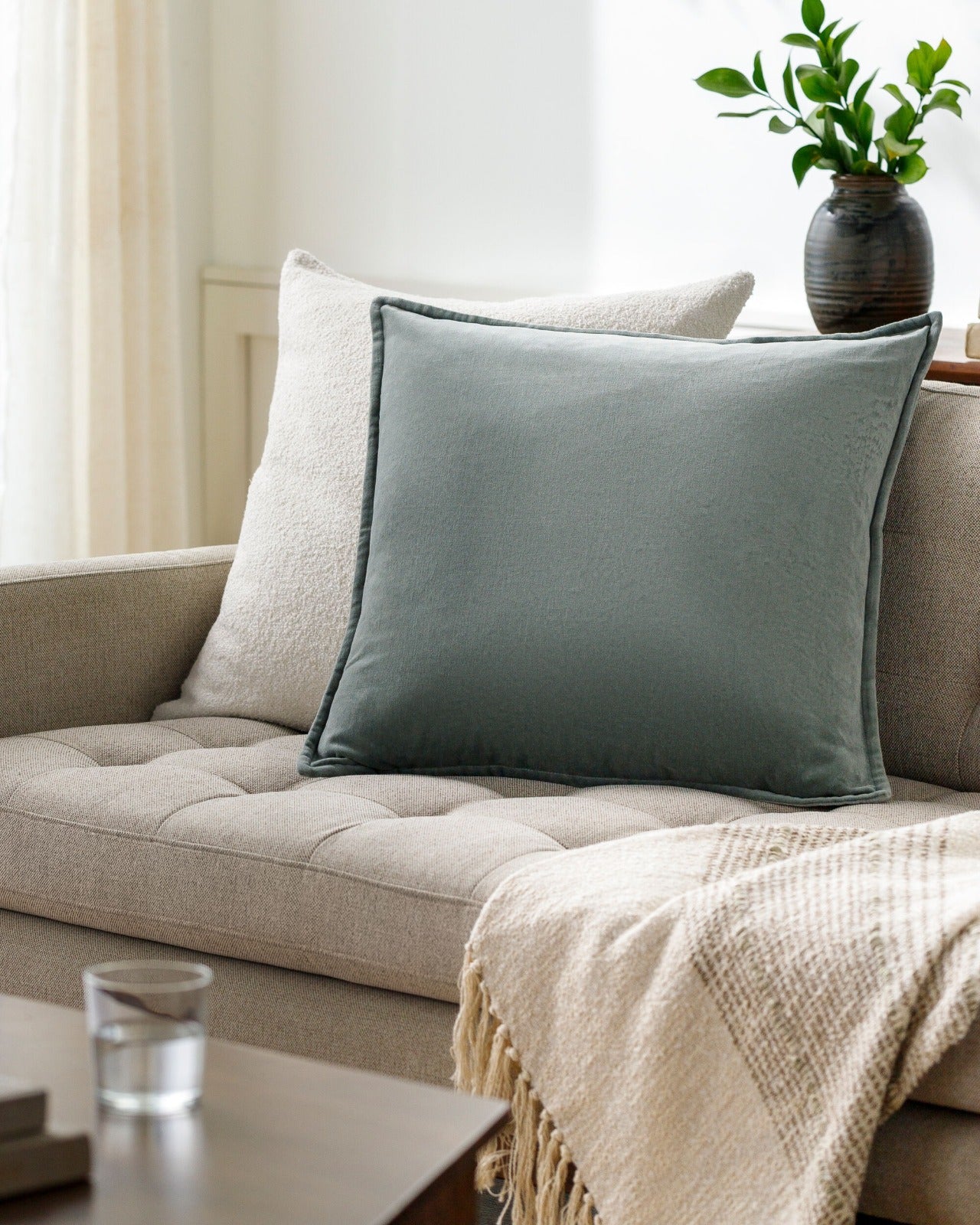 Cotton Velvet Cushion in Sage by Keiichi