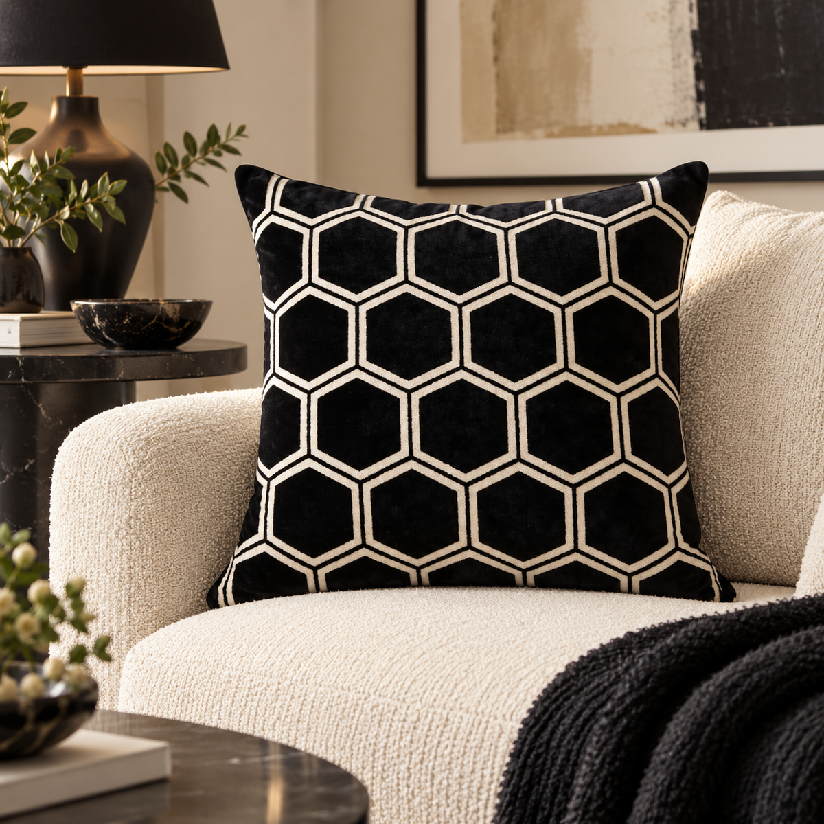 Ivor Geometric Cushion - Black Malini