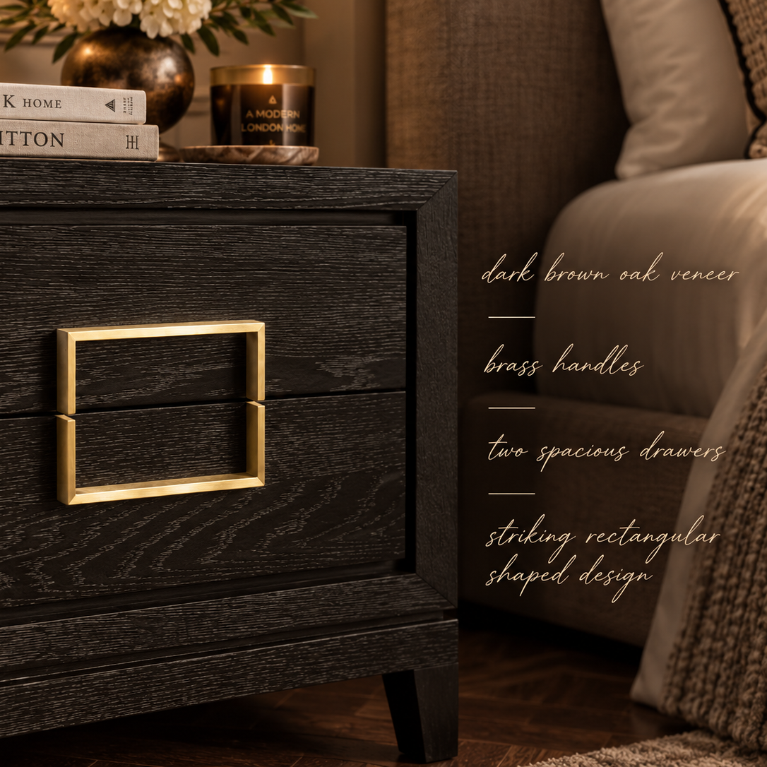 Lucca Brown Oak Wood Bedside Table with Gold Handles by Berkeley Designs