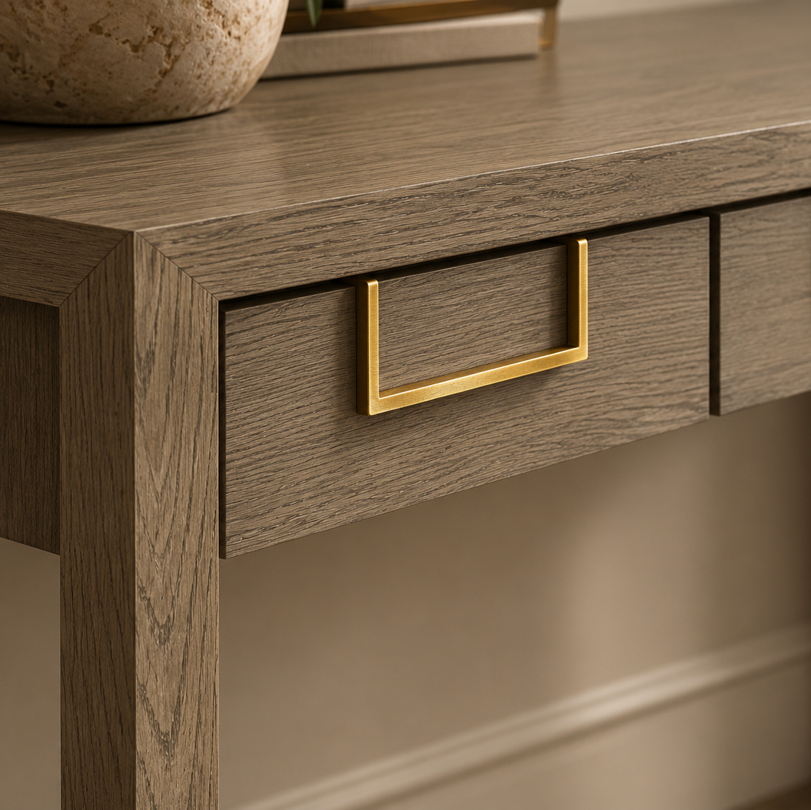 Lucca Grey Oak Wood & Gold Console Table Berkeley Designs