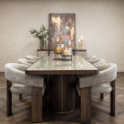 Willox Brown Oak & Beige Linen Glass Top Dining Table - 235cm by Richmond Interiors