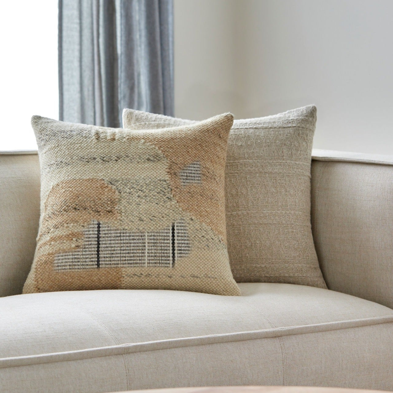 Deccan Traps Woven Wave Cushion in Light Beige by Keiichi