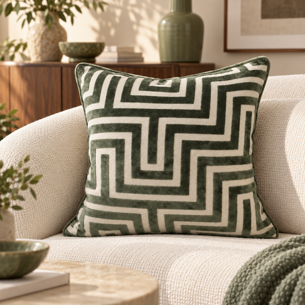 Amazing Sage Maze Cut Velvet Cushion Paul Moneypenny
