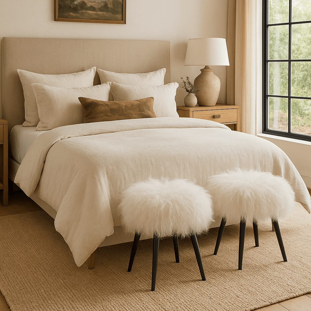 Baaarb Stool in White Faux Sheepskin by Keiichi