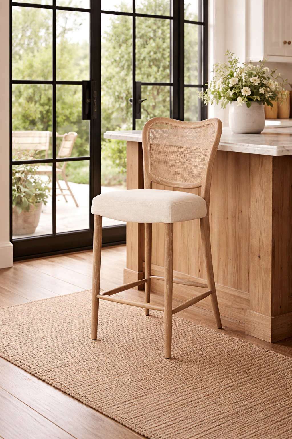 Chadlington Rattan and Natural Linen Counter Stool by Keiichi