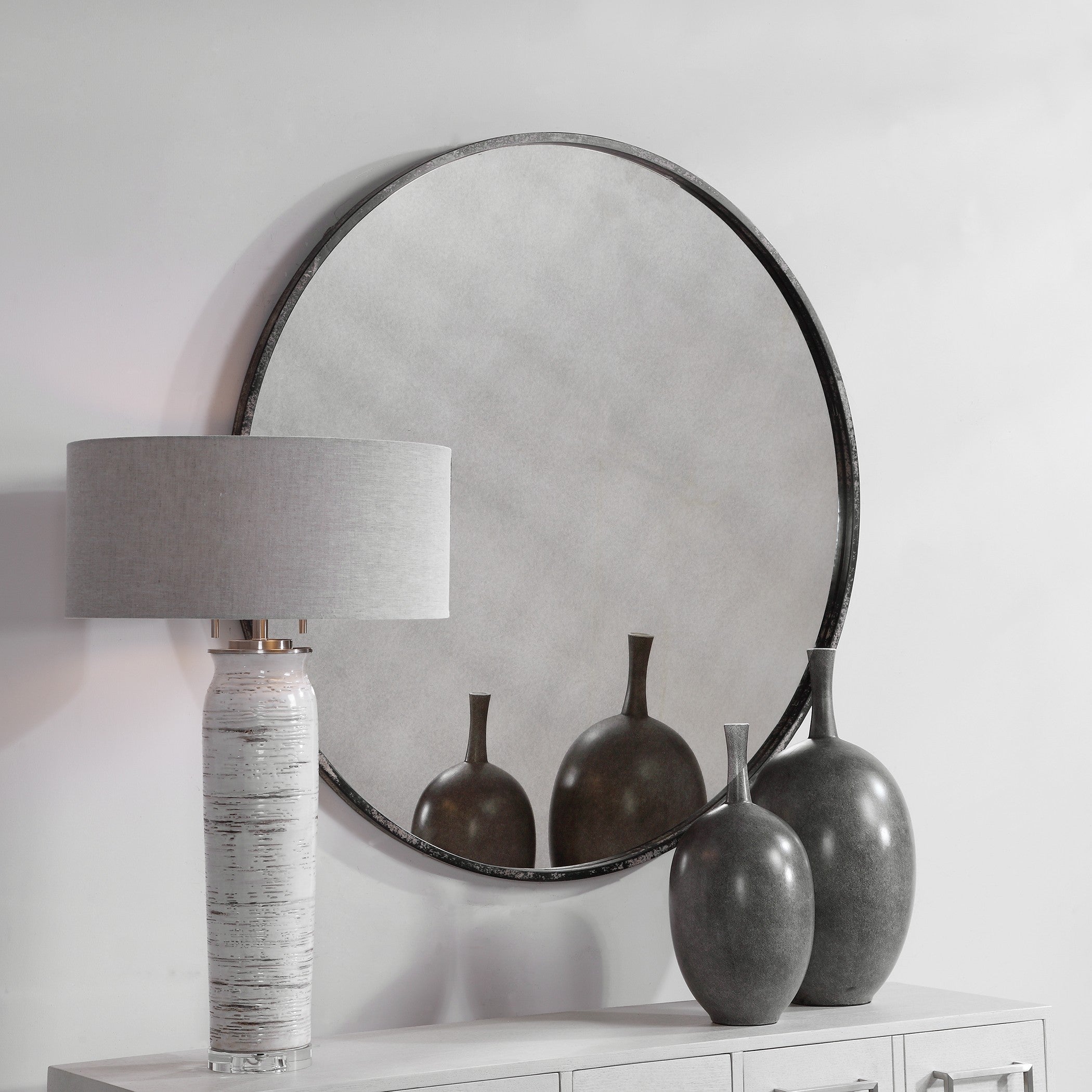 Junius Antique White Round Mirror by Uttermost