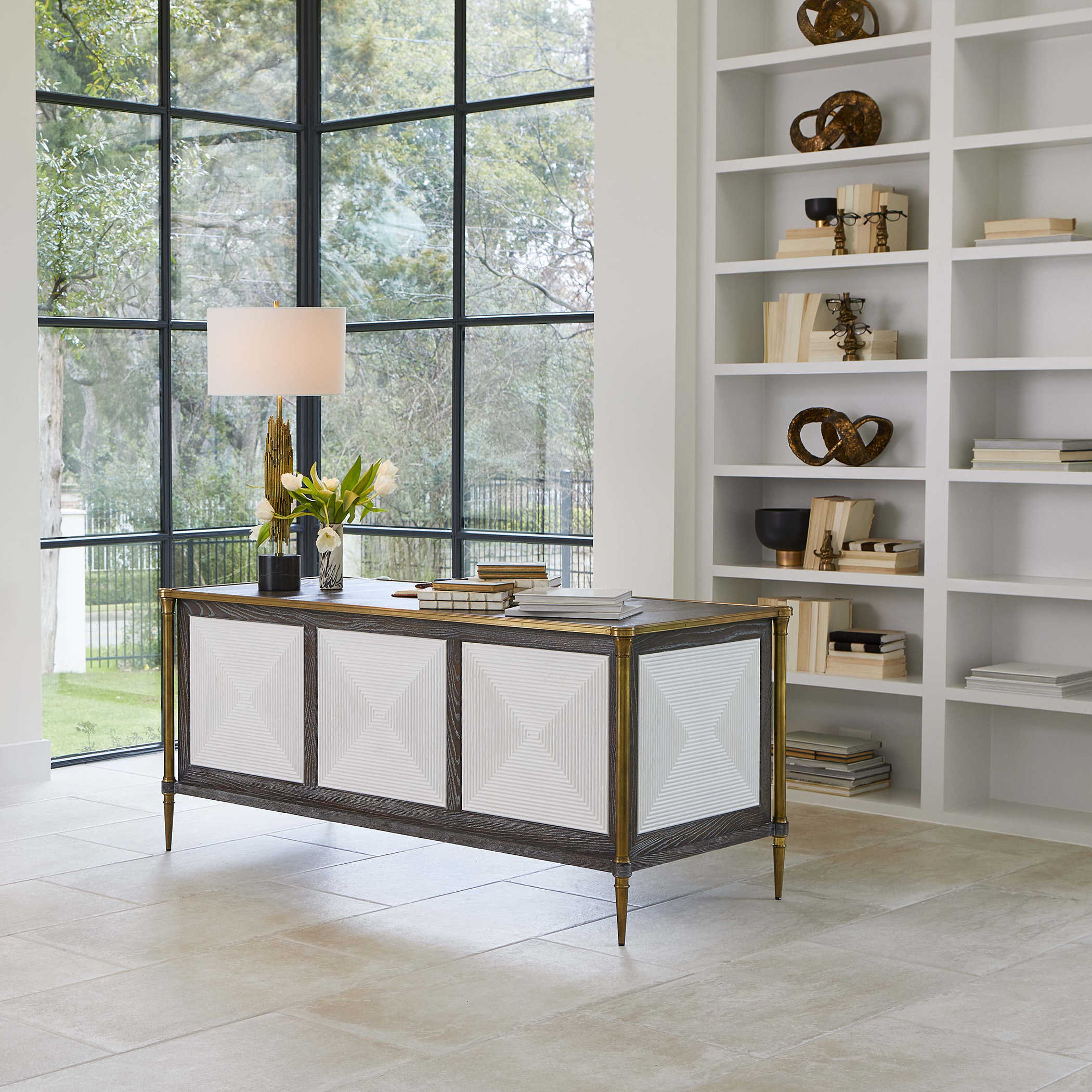 Let It Drop Fluted Oak Writing Desk with Brass Accents by Uttermost