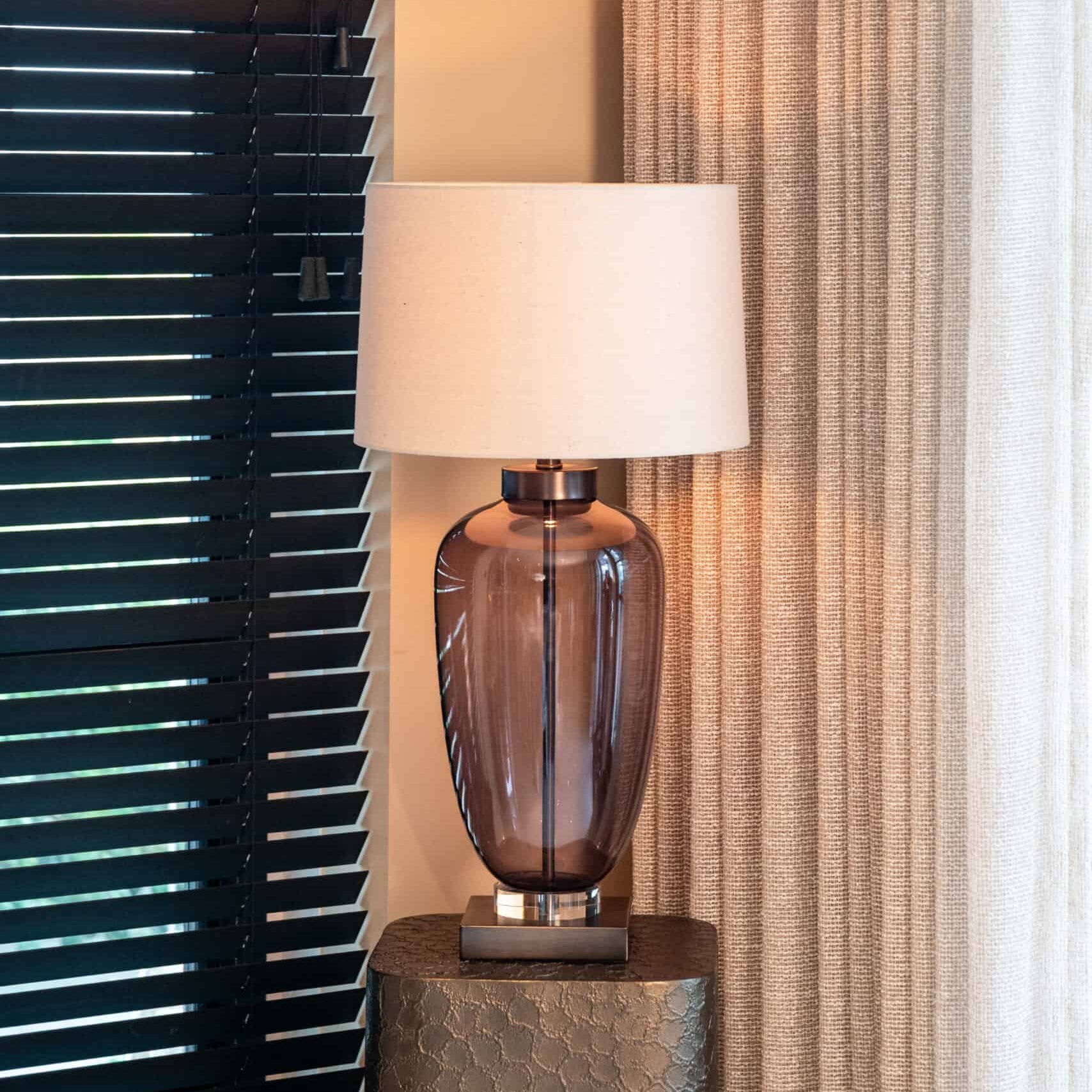 Monsoe Smoke Glass Table Lamp With Beige Linen Shade Richmond Interiors