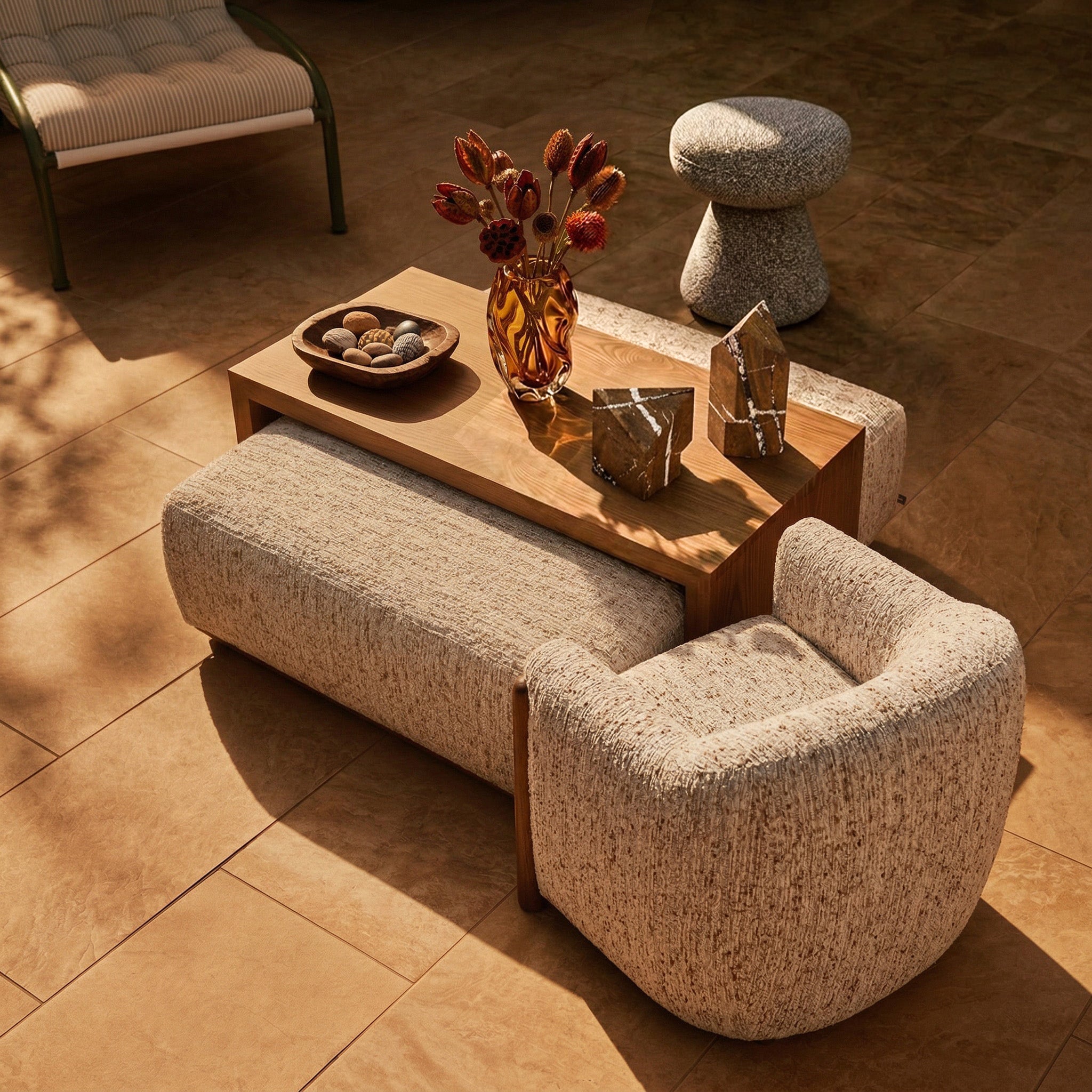 William Norfolk Wheat Chenille Fabric Ottoman Coffee Table with Ash Brown Frame by Liang & Eimil