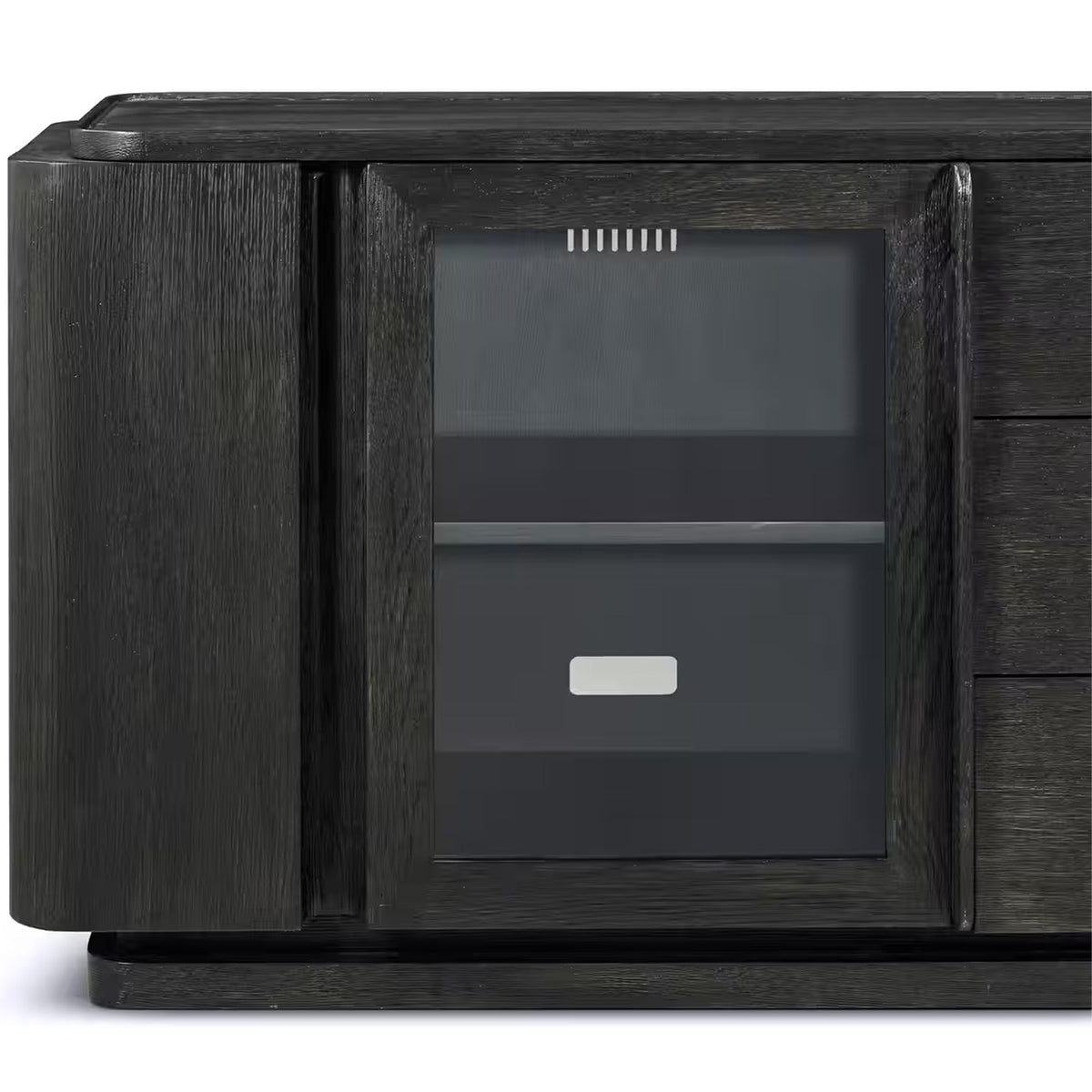 Repose Glass Door Media Console in Charcoal Oak by Theodore Alexander