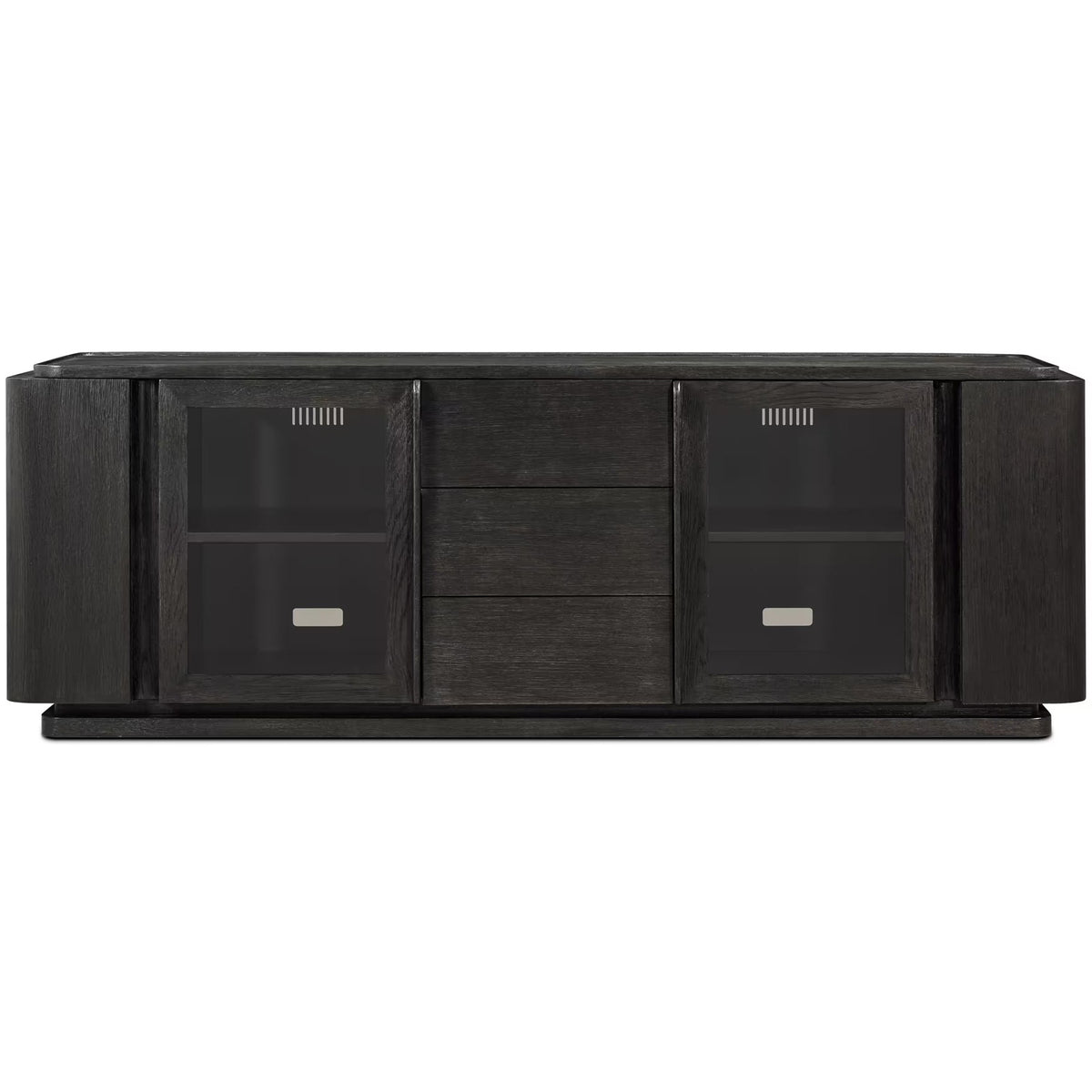 Repose Glass Door Media Console in Charcoal Oak by Theodore Alexander
