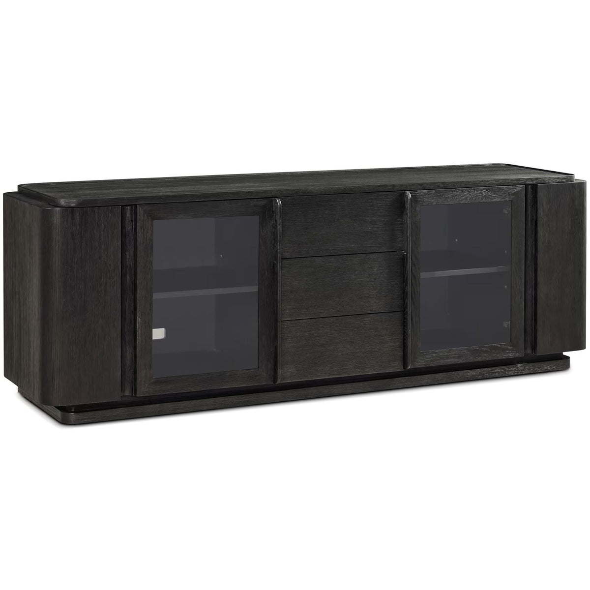 Repose Glass Door Media Console in Charcoal Oak by Theodore Alexander