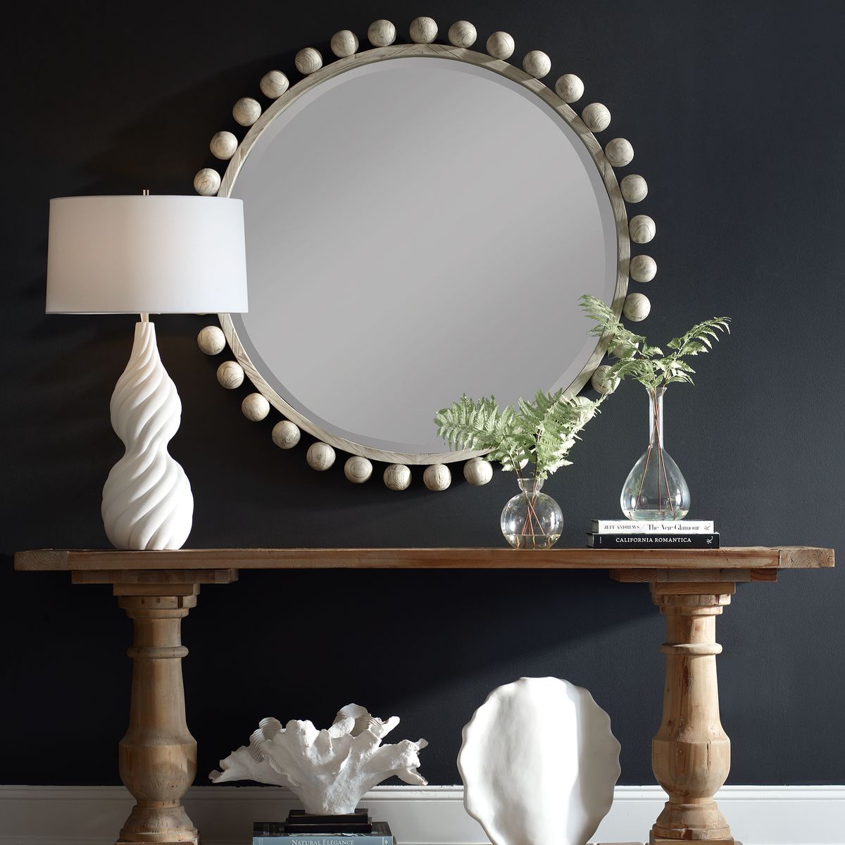 Cyra Round Wood Mirror in Aged Ivory by Uttermost