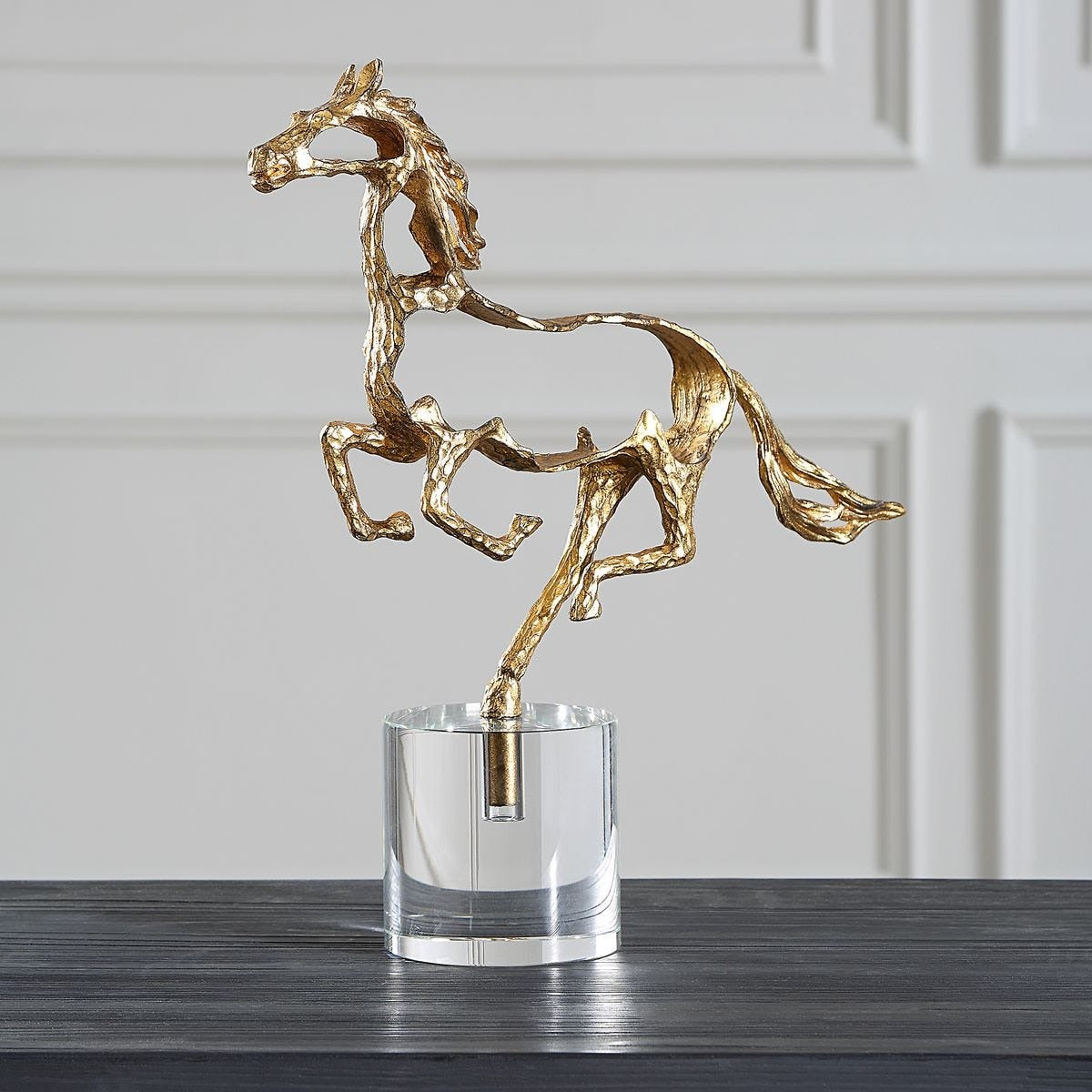Gallop Brass Horse Sculpture on Crystal Base by Uttermost