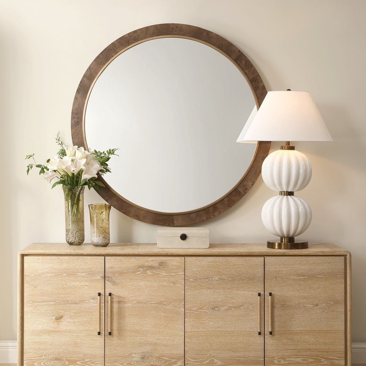 Cleveland Round Mirror in Burl Wood by Uttermost