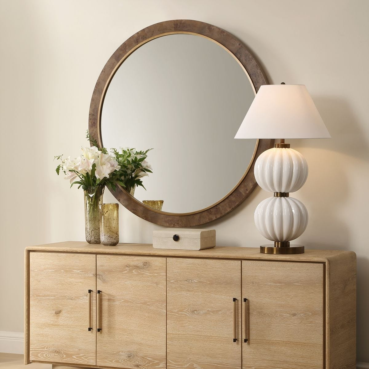 Cleveland Round Mirror in Burl Wood by Uttermost