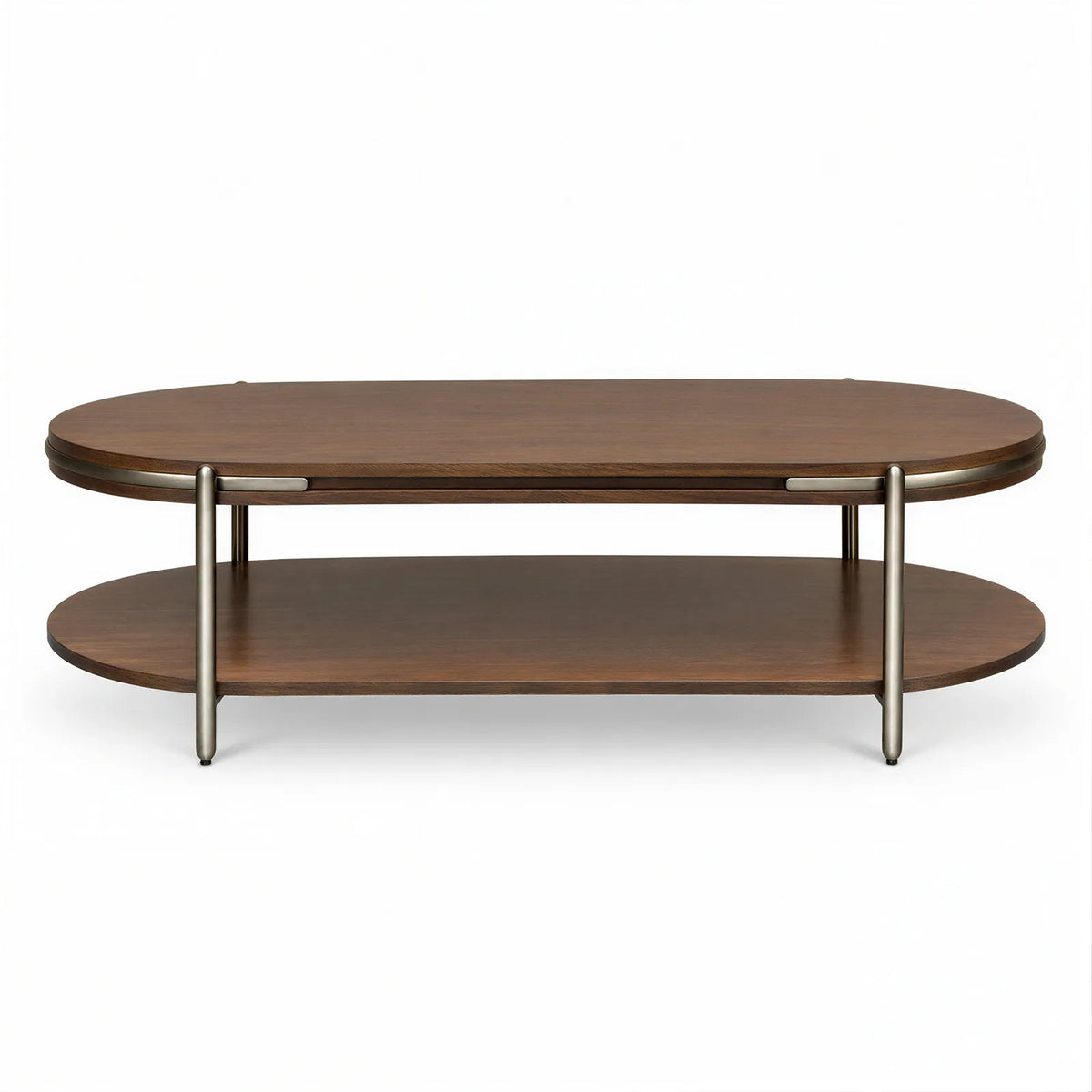Vienna Brown Walnut Veneer Oval Coffee Table with Brushed Metal Trim Berkeley Designs