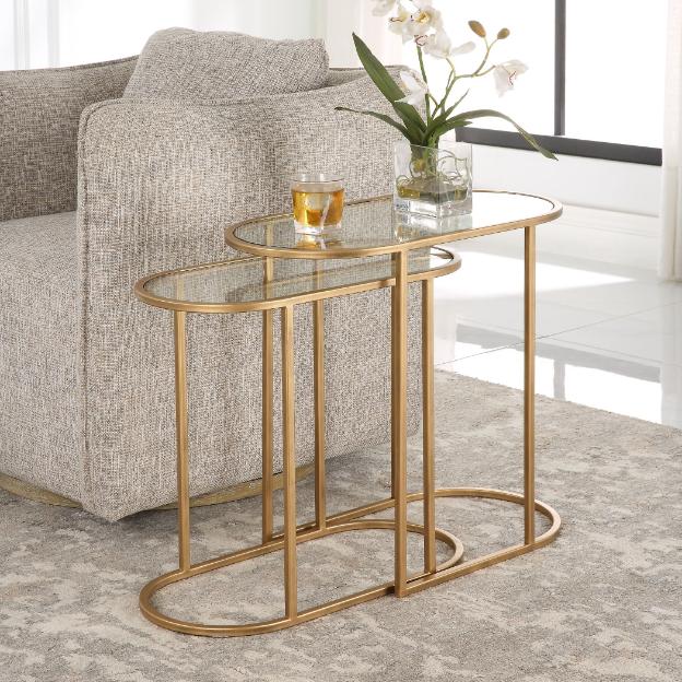 Slide Nesting Side Tables Brass & Glass by Keiichi
