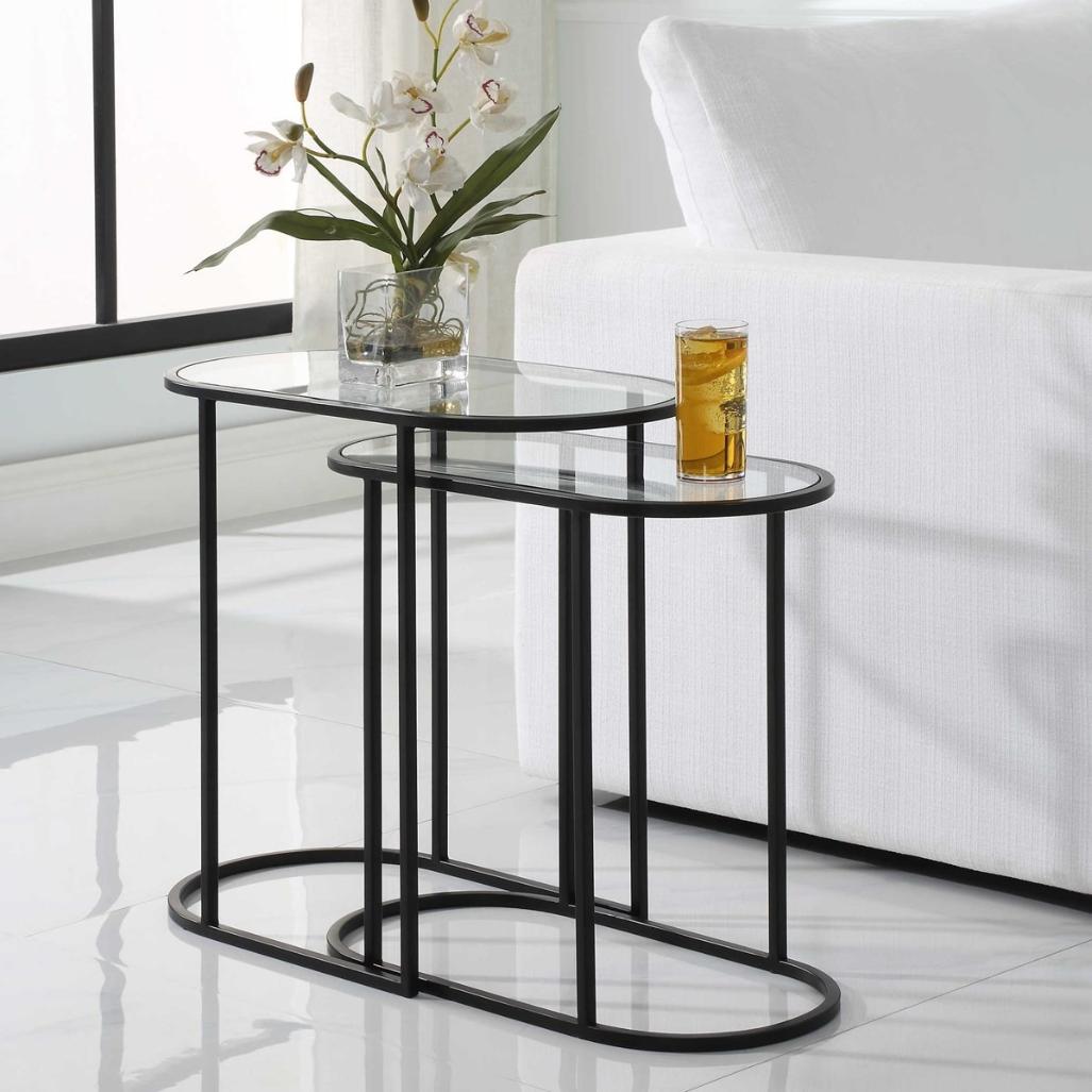 Slide Nesting Side Tables Black and Glass by Keiichi