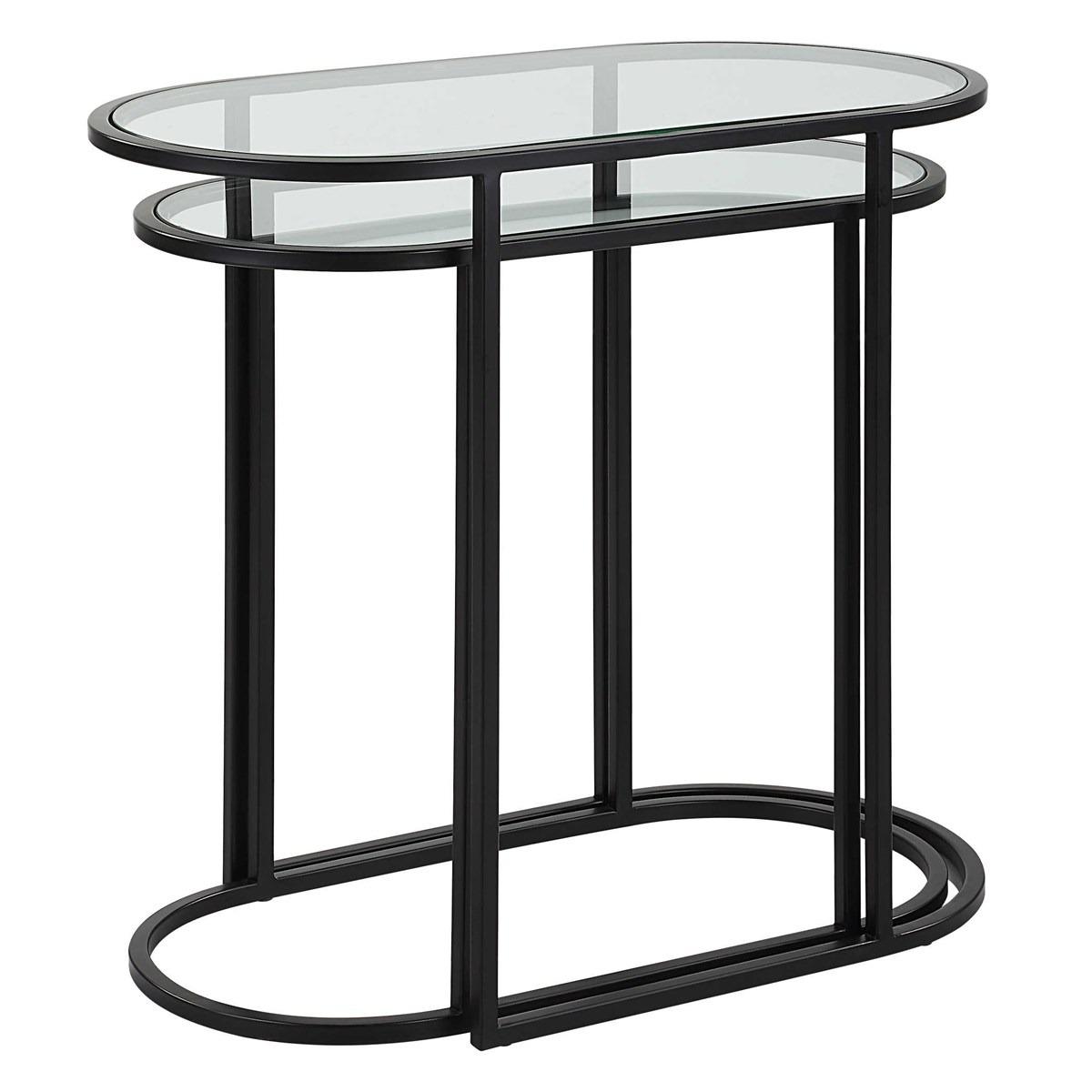 Slide Nesting Side Tables Black and Glass by Keiichi