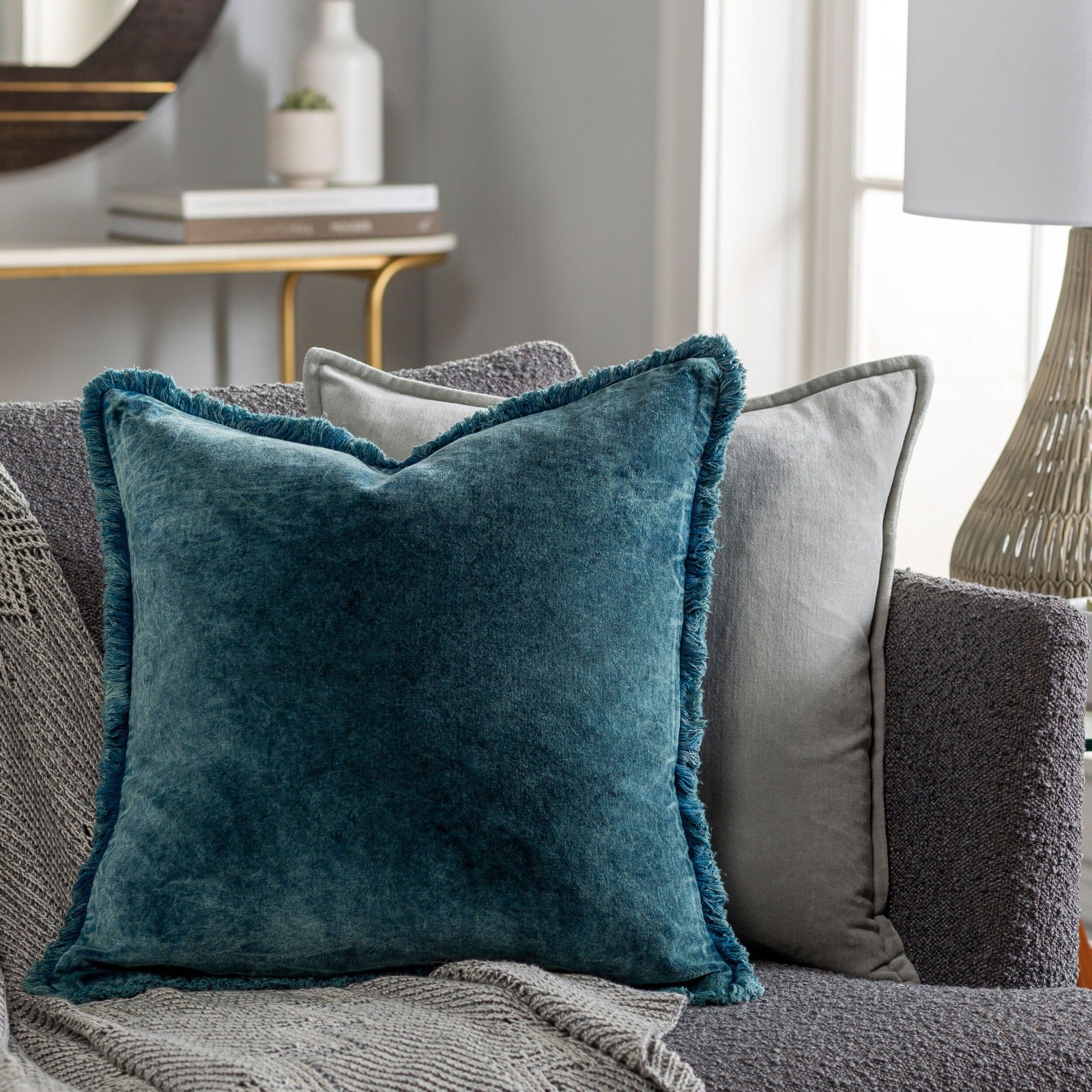 Washed Cotton Velvet Woven Cushion in Ocean by Keiichi