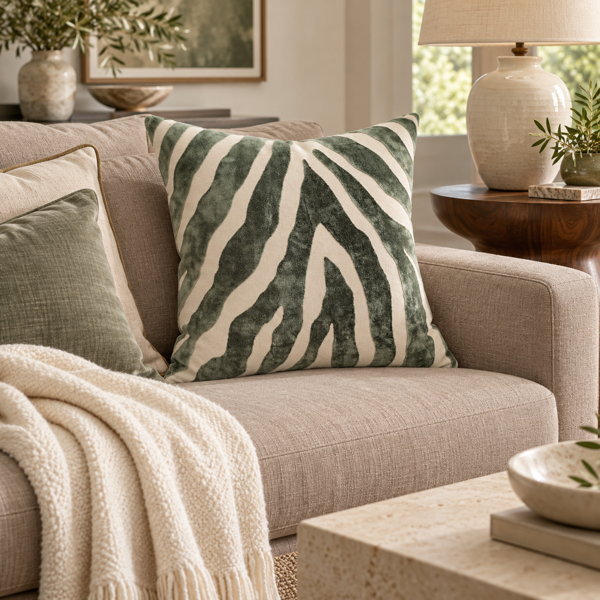 Zebedeedodah Zebra Velvet Cushion 43cm -  Sage Malini